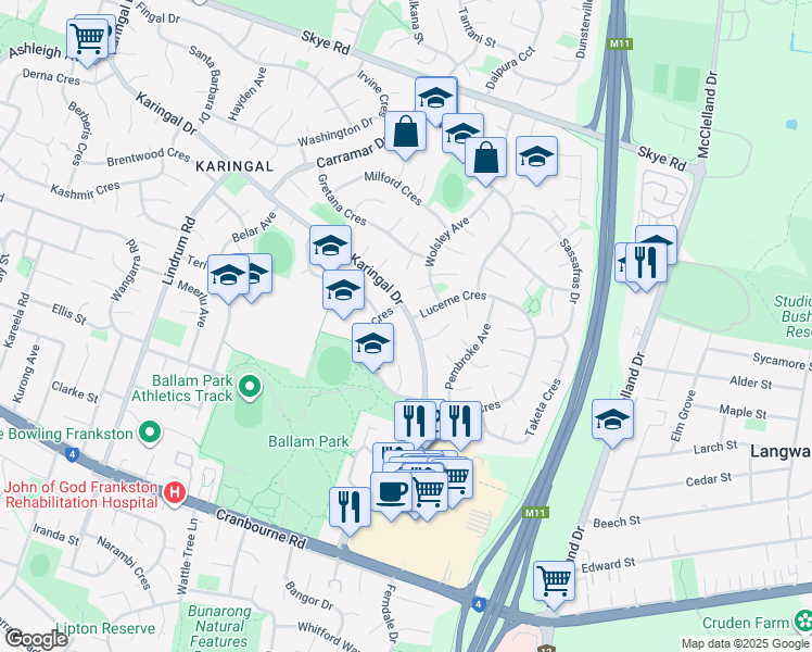 map of restaurants, bars, coffee shops, grocery stores, and more near 162 Karingal Drive in Frankston