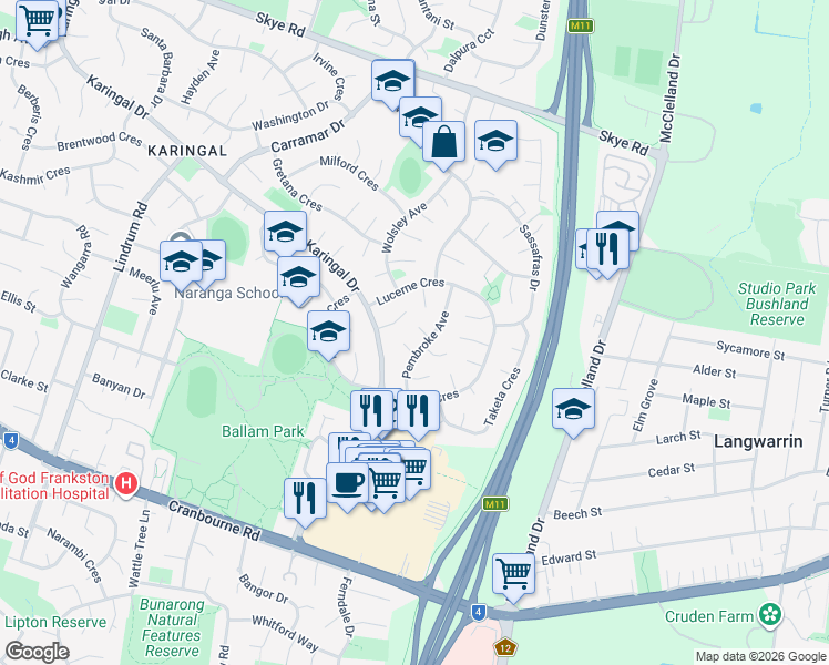 map of restaurants, bars, coffee shops, grocery stores, and more near 3 Elka Place in Frankston