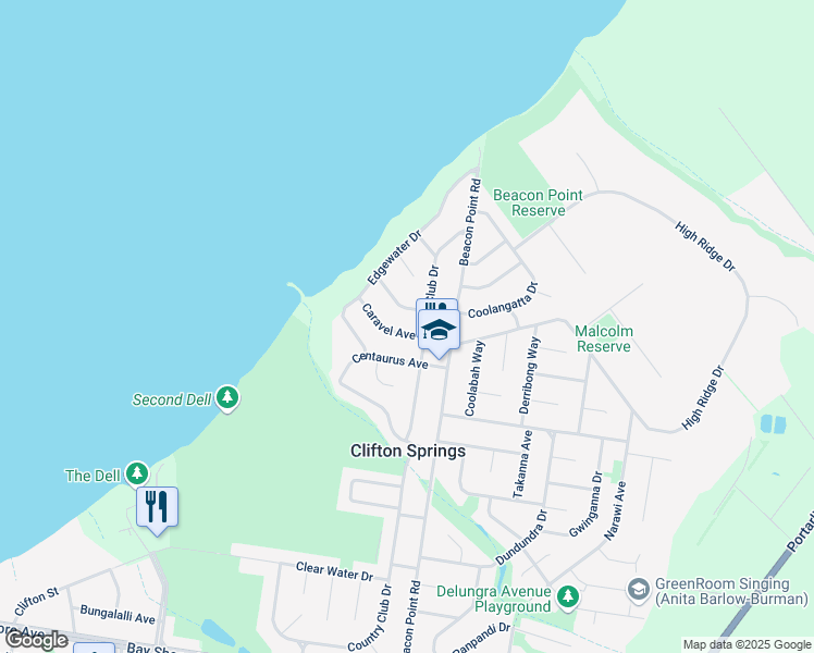 map of restaurants, bars, coffee shops, grocery stores, and more near 21 Caravel Avenue in Clifton Springs