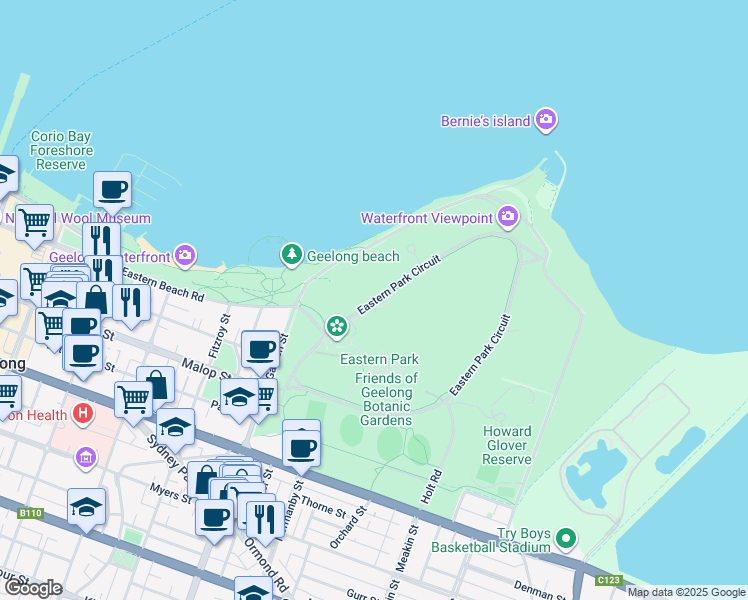 map of restaurants, bars, coffee shops, grocery stores, and more near Eastern Park Circuit in East Geelong