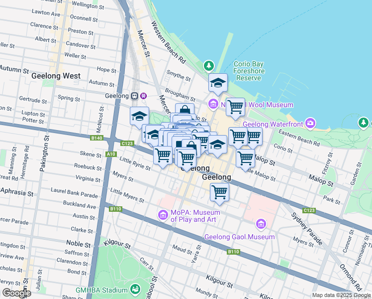 map of restaurants, bars, coffee shops, grocery stores, and more near 82 Little Malop Street in Geelong