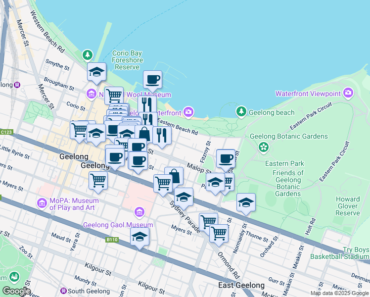 map of restaurants, bars, coffee shops, grocery stores, and more near 4 Alexandra Avenue in Geelong