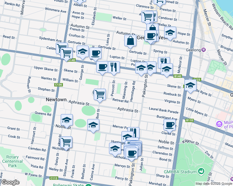 map of restaurants, bars, coffee shops, grocery stores, and more near Kenwith Grove in Newtown