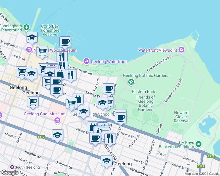 map of restaurants, bars, coffee shops, grocery stores, and more near 45 Alexandra Avenue in Geelong