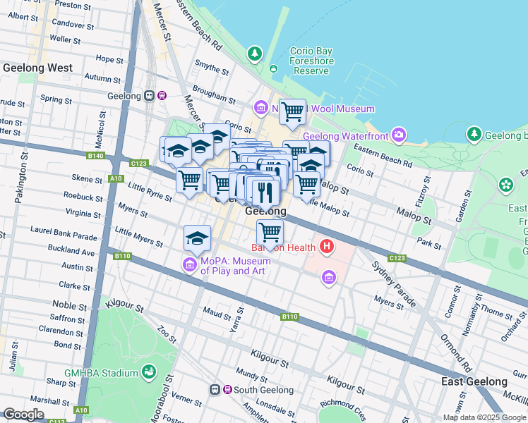 map of restaurants, bars, coffee shops, grocery stores, and more near in Geelong