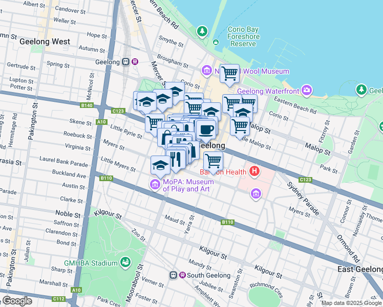 map of restaurants, bars, coffee shops, grocery stores, and more near 55 Little Ryrie Street in Geelong
