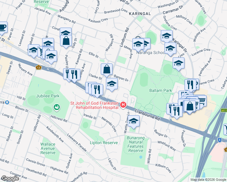 map of restaurants, bars, coffee shops, grocery stores, and more near 224 Cranbourne Road in Frankston