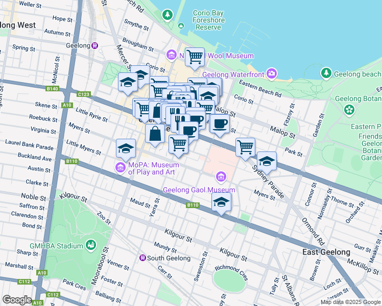 map of restaurants, bars, coffee shops, grocery stores, and more near 132 Little Ryrie Street in Geelong