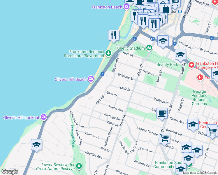 map of restaurants, bars, coffee shops, grocery stores, and more near 17 Cliff Road in Frankston