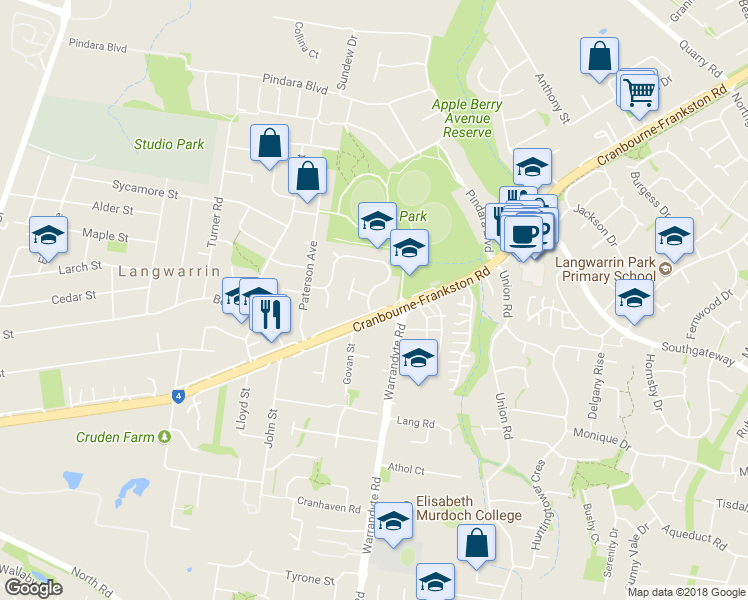 map of restaurants, bars, coffee shops, grocery stores, and more near 4 Malcolm Road in Langwarrin