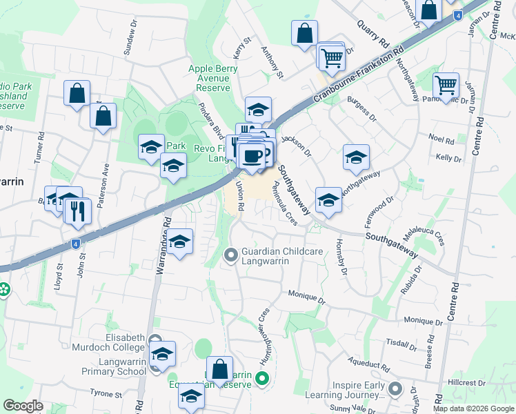 map of restaurants, bars, coffee shops, grocery stores, and more near 15 Peninsula Crescent in Langwarrin