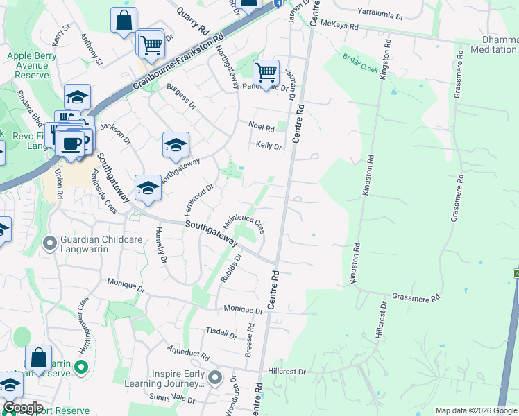 map of restaurants, bars, coffee shops, grocery stores, and more near 3 Pellita Way in Langwarrin