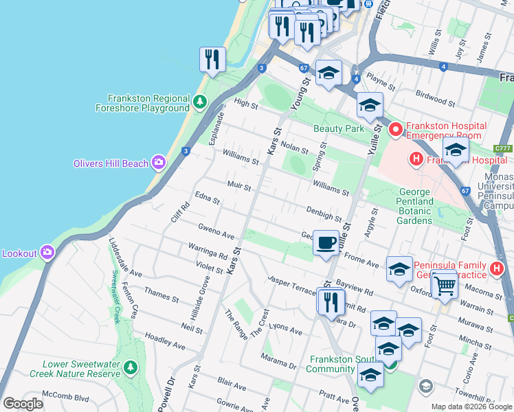 map of restaurants, bars, coffee shops, grocery stores, and more near 43 Kars Street in Frankston