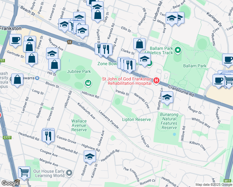 map of restaurants, bars, coffee shops, grocery stores, and more near 13 Lee Street in Frankston
