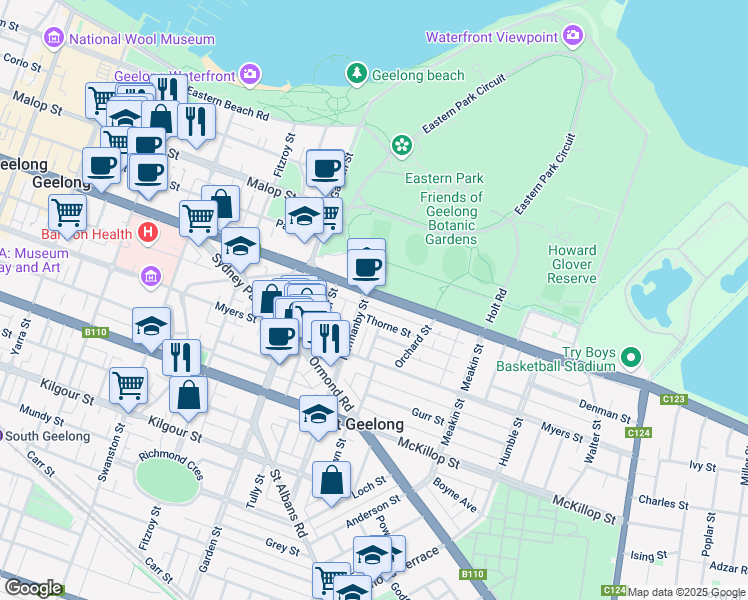 map of restaurants, bars, coffee shops, grocery stores, and more near 408 Ryrie Street in East Geelong