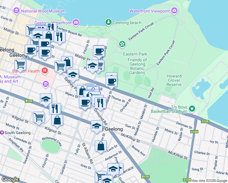 map of restaurants, bars, coffee shops, grocery stores, and more near 408 Ryrie Street in East Geelong