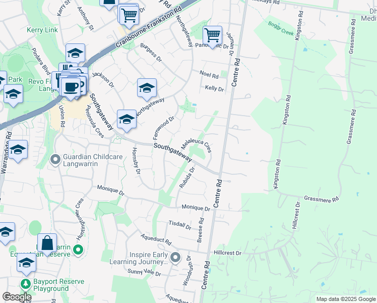 map of restaurants, bars, coffee shops, grocery stores, and more near 91 South Gateway in Langwarrin
