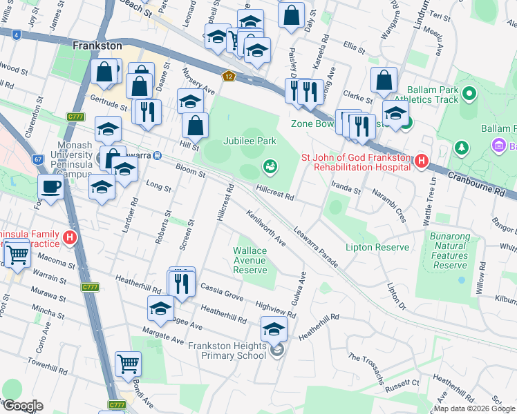 map of restaurants, bars, coffee shops, grocery stores, and more near 11 Kenilworth Avenue in Frankston