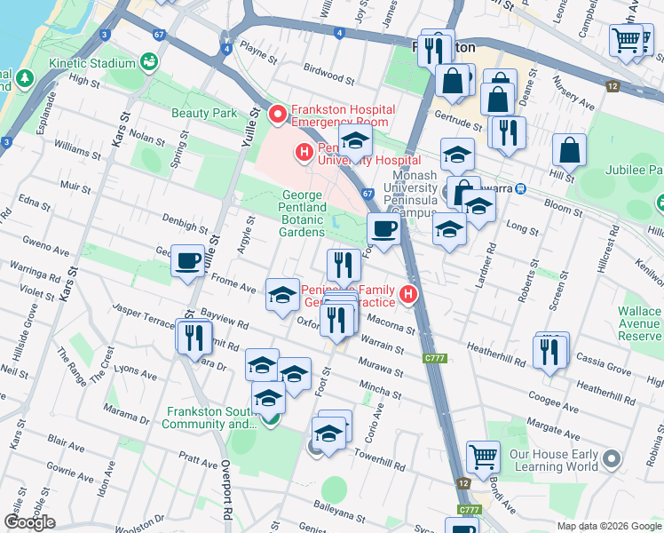 map of restaurants, bars, coffee shops, grocery stores, and more near 9 Reid Street in Frankston