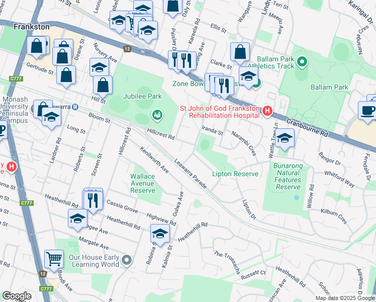 map of restaurants, bars, coffee shops, grocery stores, and more near 24 Lee Street in Frankston