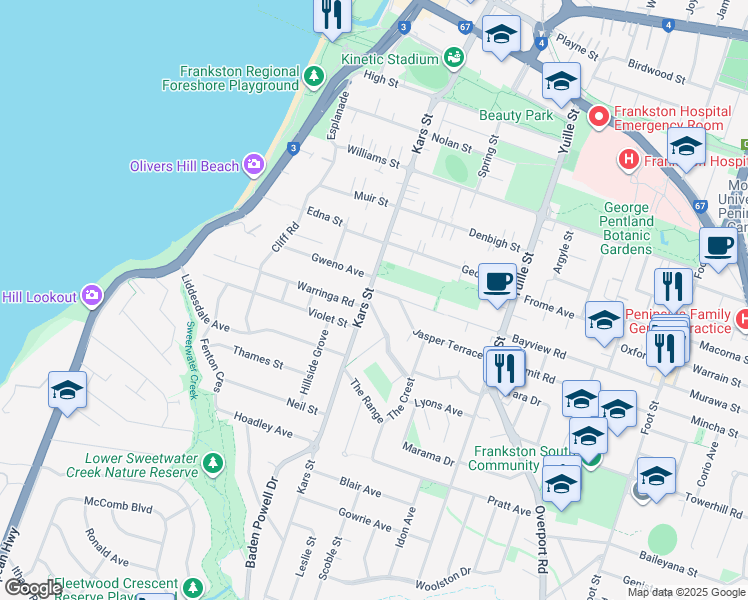 map of restaurants, bars, coffee shops, grocery stores, and more near 1-3 The Ridge in Frankston South
