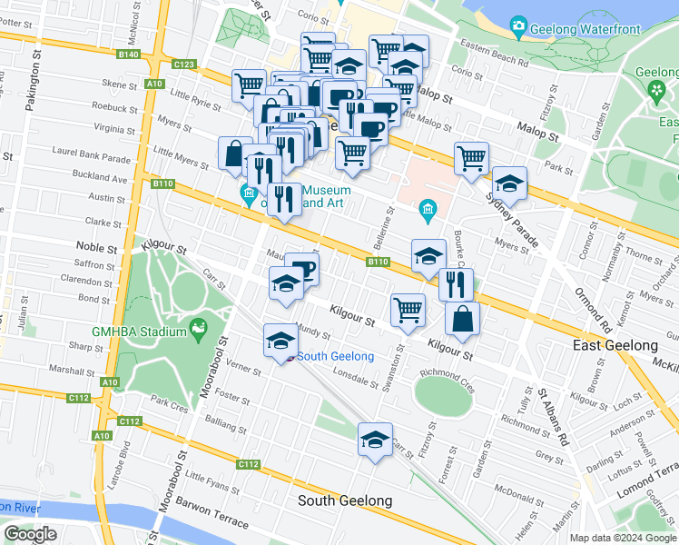 map of restaurants, bars, coffee shops, grocery stores, and more near 75 Maud Street in Geelong