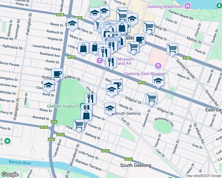 map of restaurants, bars, coffee shops, grocery stores, and more near 81 Kilgour Street in Geelong