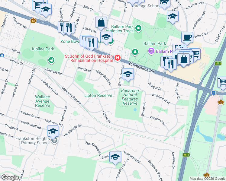 map of restaurants, bars, coffee shops, grocery stores, and more near 5 Lipton Drive in Frankston
