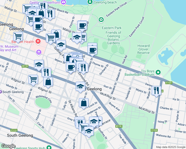 map of restaurants, bars, coffee shops, grocery stores, and more near 304 Myers Street in East Geelong