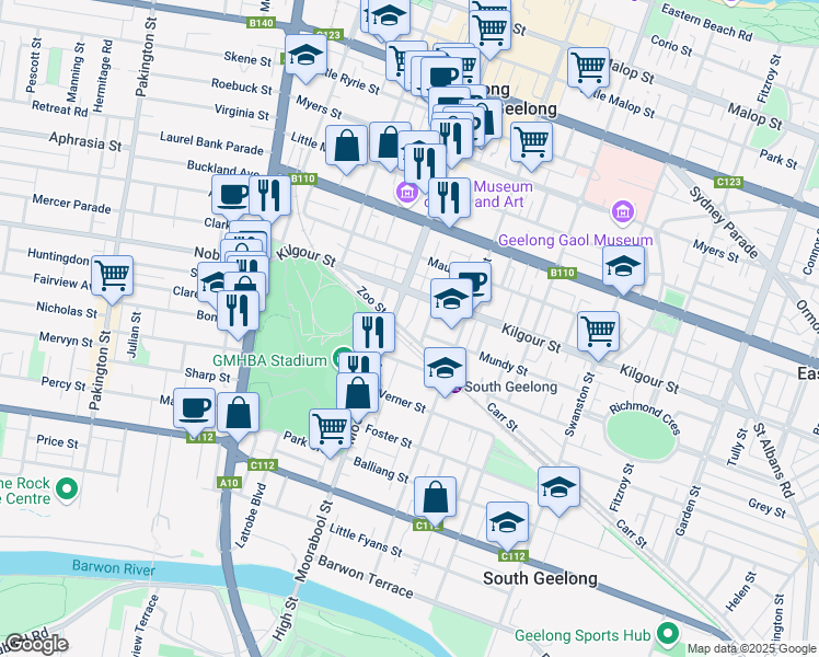 map of restaurants, bars, coffee shops, grocery stores, and more near 7 Carr Street in Geelong