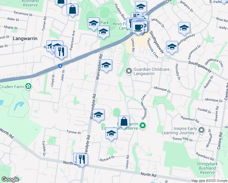 map of restaurants, bars, coffee shops, grocery stores, and more near 26 Lang Road in Langwarrin