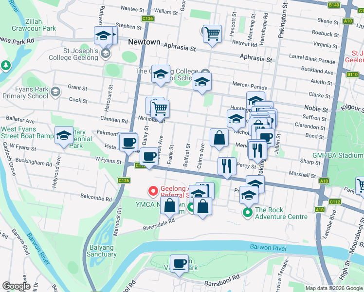 map of restaurants, bars, coffee shops, grocery stores, and more near 20 Belfast Street in Newtown