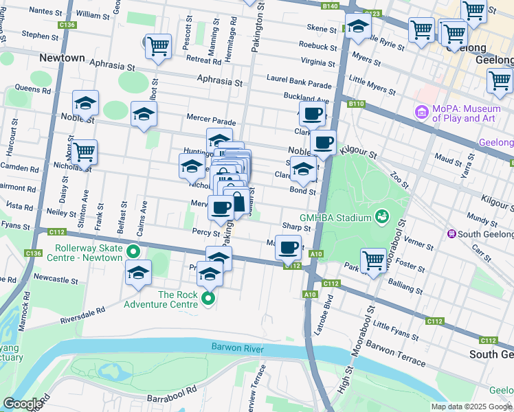 map of restaurants, bars, coffee shops, grocery stores, and more near 51 Russell Street in Geelong