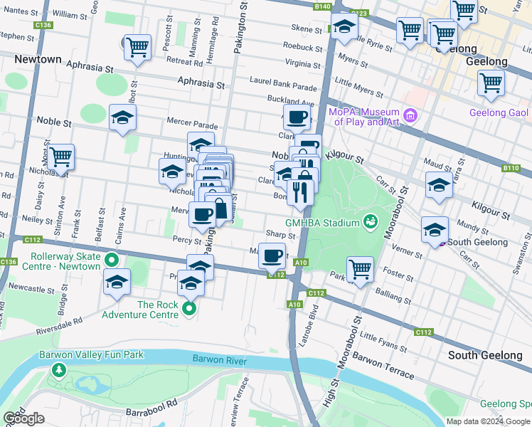 map of restaurants, bars, coffee shops, grocery stores, and more near Russell Street in Greater Geelong City