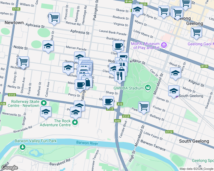 map of restaurants, bars, coffee shops, grocery stores, and more near 27 Russell Street in Newtown