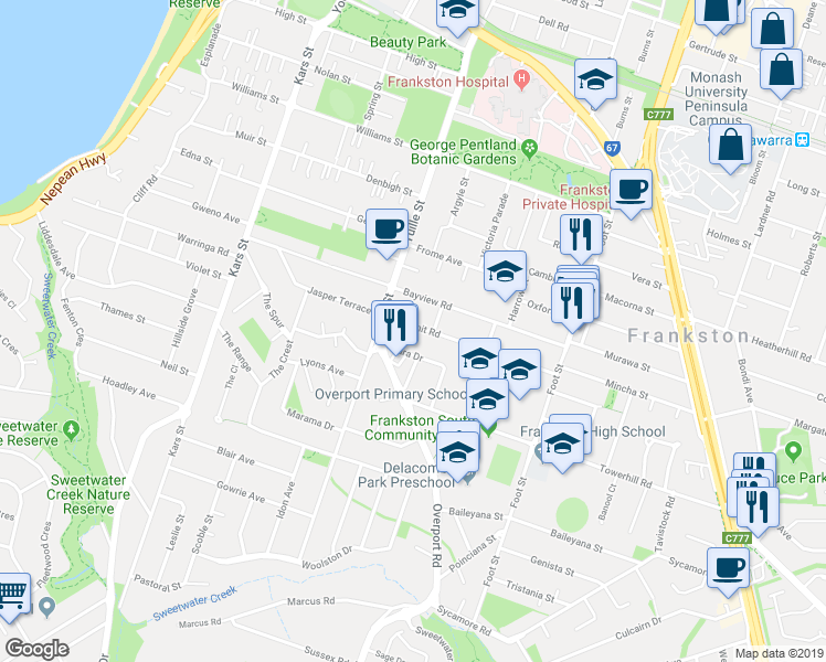 map of restaurants, bars, coffee shops, grocery stores, and more near 10A Summit Road in Frankston