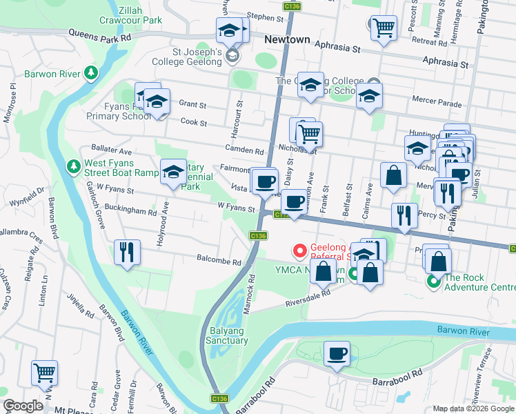 map of restaurants, bars, coffee shops, grocery stores, and more near 405 Shannon Avenue in Newtown