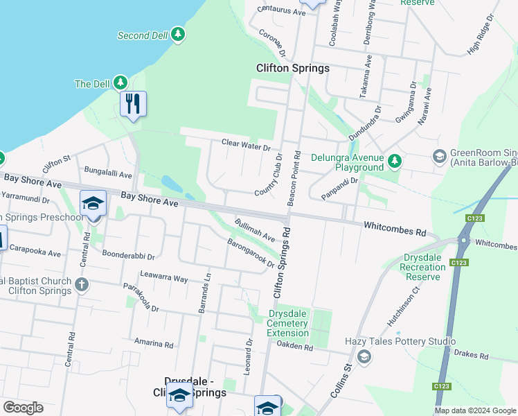 map of restaurants, bars, coffee shops, grocery stores, and more near 18 Bay Shore Avenue in Clifton Springs