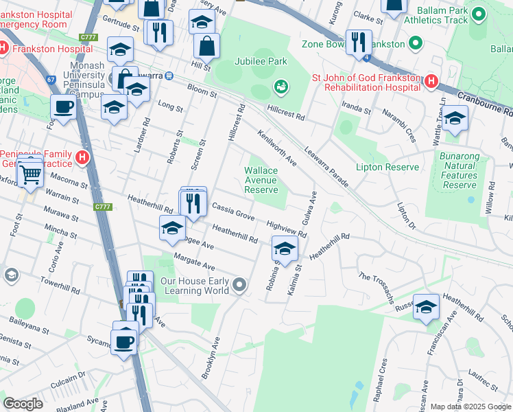 map of restaurants, bars, coffee shops, grocery stores, and more near 6 Pericoe Street in Frankston