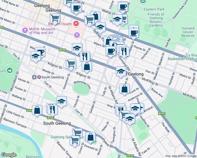 map of restaurants, bars, coffee shops, grocery stores, and more near 195 Kilgour Street in Geelong