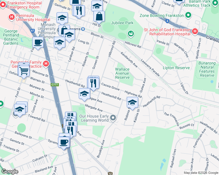 map of restaurants, bars, coffee shops, grocery stores, and more near 12 Cassia Grove in Frankston