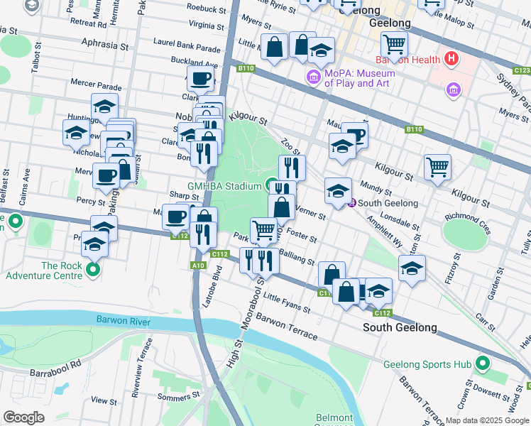map of restaurants, bars, coffee shops, grocery stores, and more near 370 Moorabool Street in South Geelong