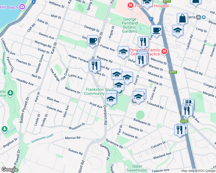 map of restaurants, bars, coffee shops, grocery stores, and more near 56 Towerhill Road in Frankston