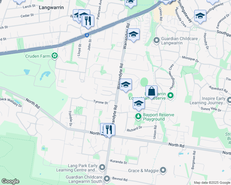 map of restaurants, bars, coffee shops, grocery stores, and more near 91 Warrandyte Road in Langwarrin