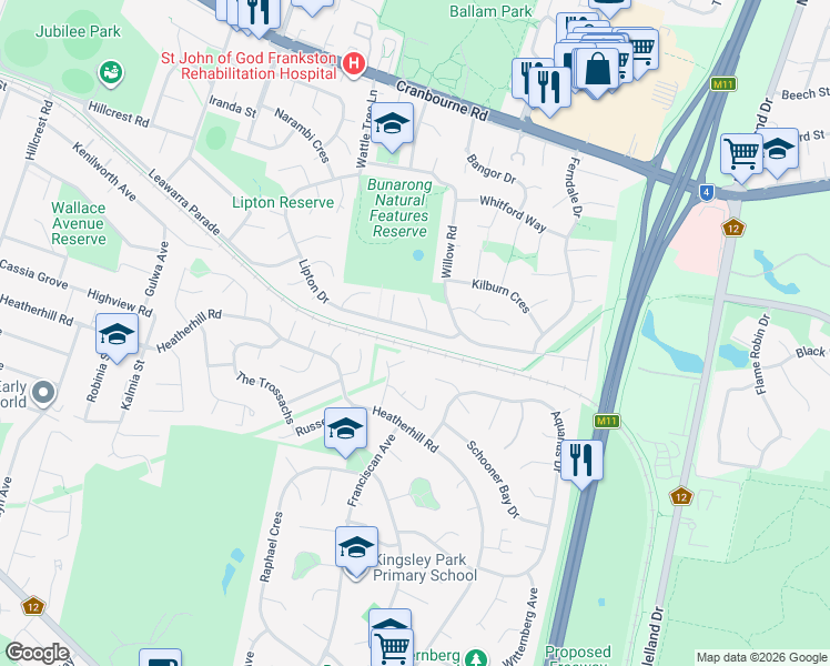 map of restaurants, bars, coffee shops, grocery stores, and more near 84 Lipton Drive in Frankston