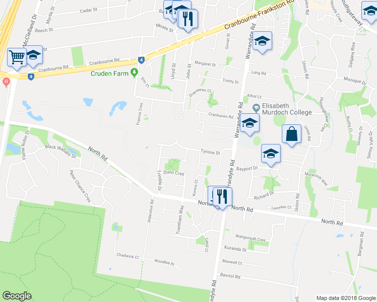 map of restaurants, bars, coffee shops, grocery stores, and more near 26 Tyrone Street in Langwarrin