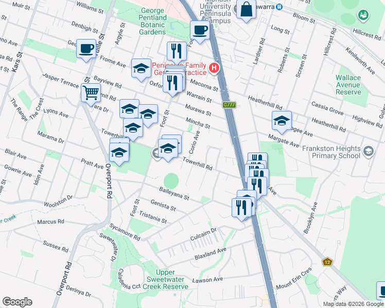 map of restaurants, bars, coffee shops, grocery stores, and more near 2 Corio Avenue in Frankston