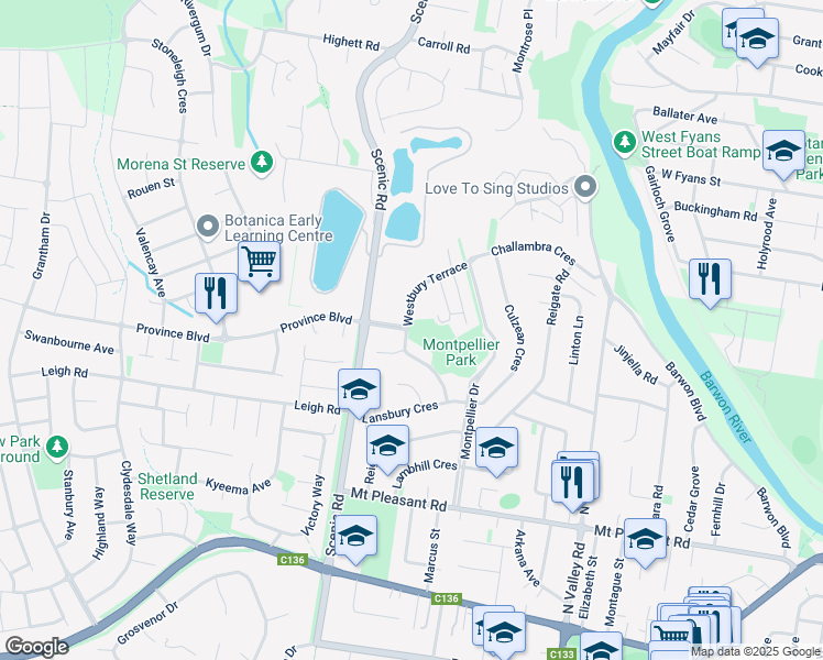 map of restaurants, bars, coffee shops, grocery stores, and more near 8 Westbury Terrace in Highton