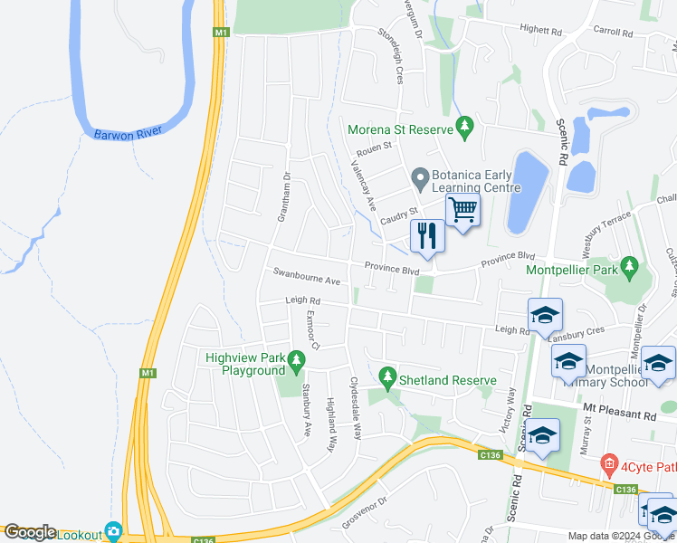 map of restaurants, bars, coffee shops, grocery stores, and more near 9 Nedlands Drive in Highton