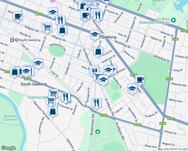 map of restaurants, bars, coffee shops, grocery stores, and more near 56 Saint Albans Road in East Geelong